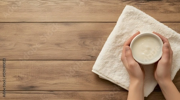 Fototapeta Hands holding a bowl of cream on a white towel against a wooden