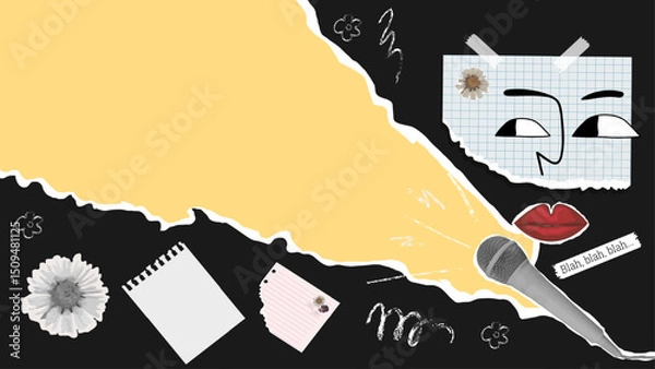 Obraz Pop Collage template in abstract illustration style with paper face, lips, microphone, flowers and space for text. Conceptual art symbolizing performance, speech and creative expression. Vector image.