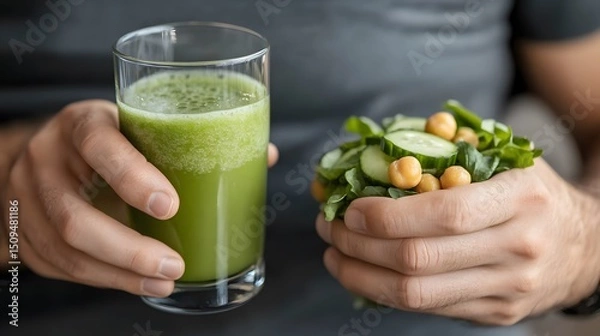Obraz Healthy Green Smoothie and Cucumber Chickpea Salad