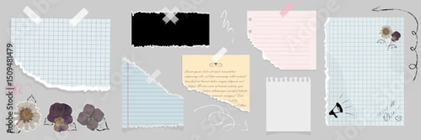 Obraz Torn paper collection with floral stickers, sketch doodles, and various notepad styles on a grey background. Ideal for journaling, scrapbooking, notes, or digital collage design projects. Vector image