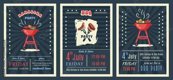 Fototapeta BBQ party. American 4th of July Celebration. Set of Set of barbecue invitation. Holiday card, poster, banner, flyer template for bbq picnic. Vector illustration with brazier, steaks, vegetables