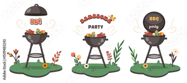Fototapeta Bbq time. Set of Barbecue cliparts with brazier, grill, steaks, meat food, vegetables at home. BBQ party art. Family dinner. Vector cartoon illustration for banner, holiday card, summer picnic, flyer