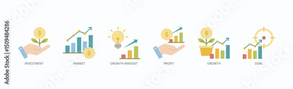 Obraz Success Icon Set Isolated Vector With Icon Of Investment, Market, Growth Mindset, Profit, Growth, Goal In Flat Style