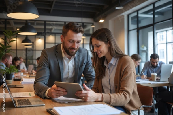 Obraz Two business professionals working together on a tablet in a modern, shared office space with natural light.