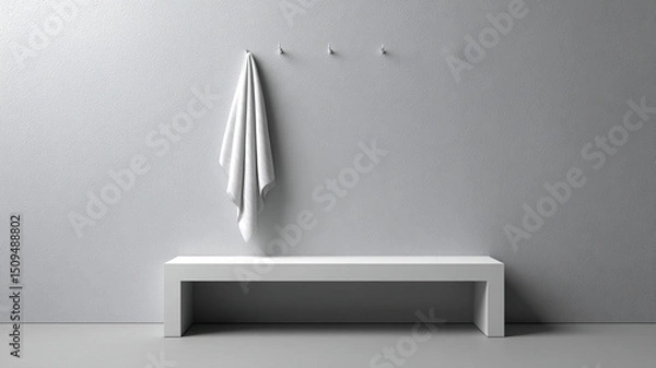 Fototapeta White towel hanging on hooks above modern bench in minimal room