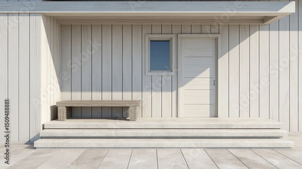 Fototapeta Minimalist white wooden house exterior with bench and steps