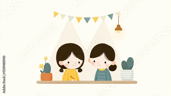 Fototapeta Two children drawing happily at table with plants and flags