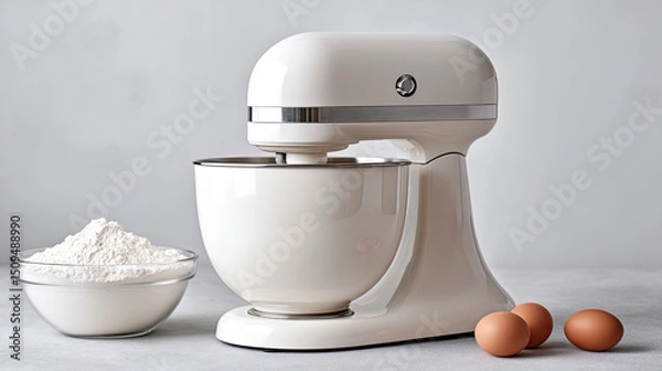 Fototapeta White stand mixer with eggs and flour for baking preparation