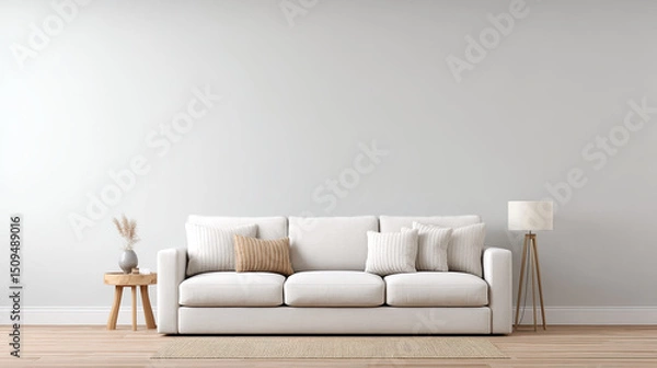 Fototapeta Modern white sofa with cushions in cozy living room