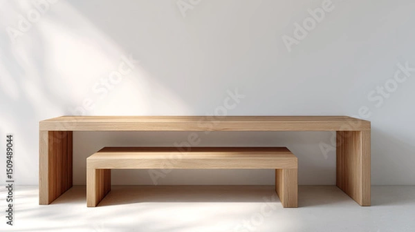 Fototapeta Wooden table and bench with natural light and shadow