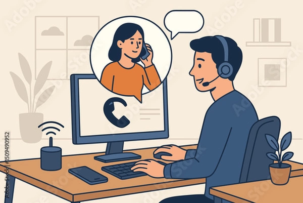 Fototapeta Customer service representative assisting a caller while working at a desk with technology