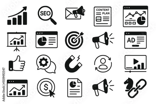 Fototapeta Marketing and SEO strategy elements represented by various icons on a clean white background