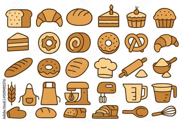 Fototapeta Collection of bakery items and tools on a white background highlighting various baked goods and utensils
