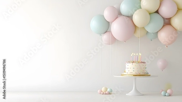 Fototapeta Pastel Balloons and Birthday Cake Scene