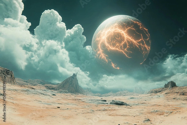Fototapeta Sci-fi planet with electric storm clouds over surface