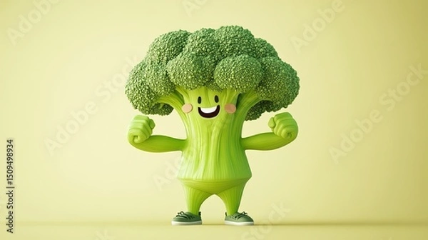 Fototapeta Muscular broccoli flexing its arms on green background