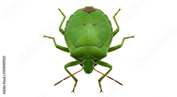 Fototapeta Vivid Green Stink Bug with Brown Markings and Prominent Antennae Frontal View