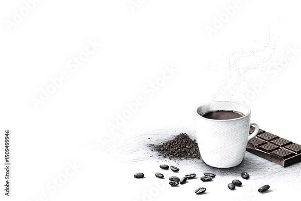 Fototapeta chocolate-themed illustrations, vintage style sketch of cocoa beans, chocolate bar, and steaming mug in a hand-drawn illustration