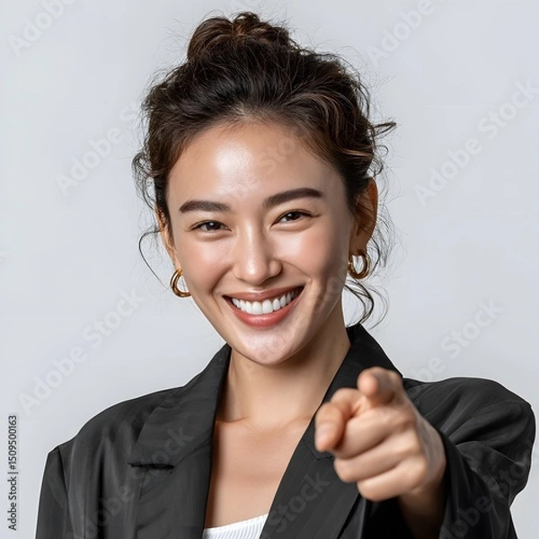 Fototapeta Happy woman in black blazer points directly at viewer