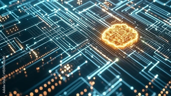 Obraz Glowing AI Brain on Circuit Board Showing Next-Gen Processor Integration