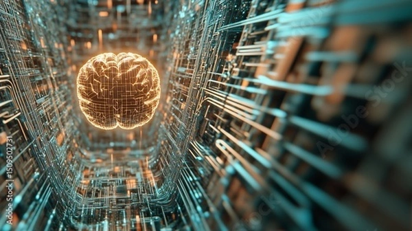 Fototapeta AI Brain Integrated in Circuit Tunnel Representing Future Processor Technology