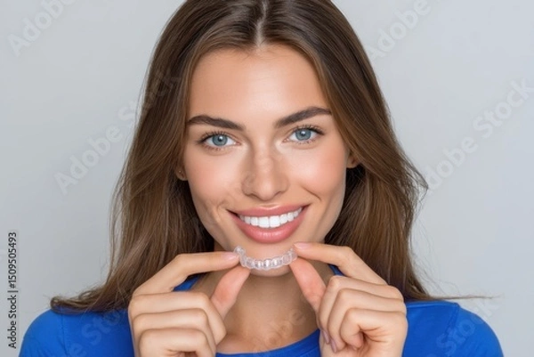 Fototapeta Smiling Woman Holding Clear Aligners, Promoting Dental Care and Cosmetic Dentistry for a Healthy Smile and Increased Self-Esteem in Orthodontic Treatment : Generative AI