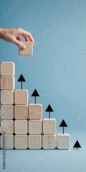 Fototapeta Hand placing final wooden block with upward arrow on staircase pattern against light blue background