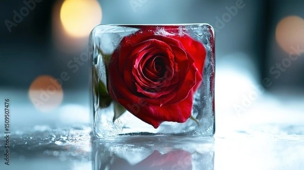 Fototapeta A red in the ice cube on the table