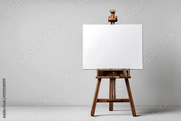 Fototapeta A blank canvas on a wooden easel stands against a neutral gray wall in a minimalist studio setting