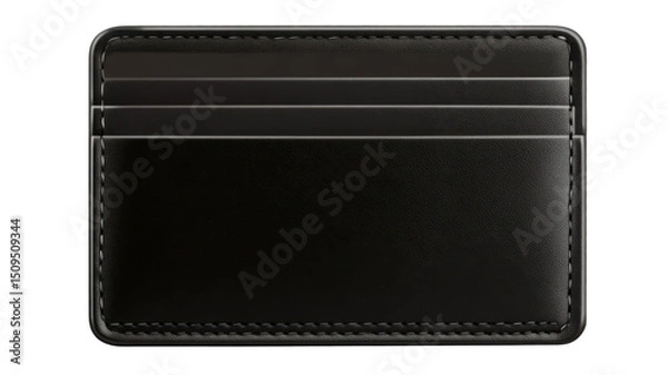 Obraz Classic black leather wallet with stitched edges and slim design isolated on white background