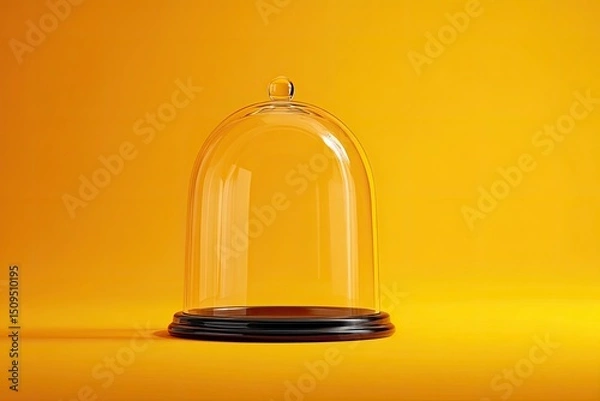 Fototapeta A clear glass dome sits atop a dark circular base against a vibrant yellow backdrop.  The dome is empty, smooth, and reflects light subtly