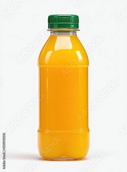 Fototapeta A clear plastic bottle of bright orange juice with a dark green screw-top cap stands against a white background