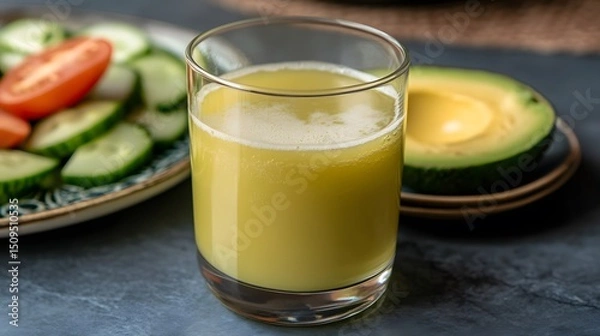 Fototapeta Refreshing Avocado Cucumber Juice with Tomato Garnish