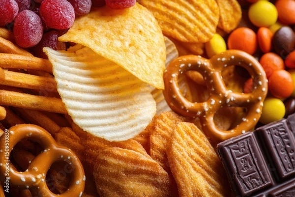 Fototapeta A close-up shot of assorted salty and sweet snacks including potato chips, pretzels, candy, and chocolate