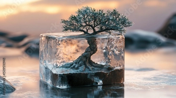 Fototapeta A tree in the transparent ice cube
