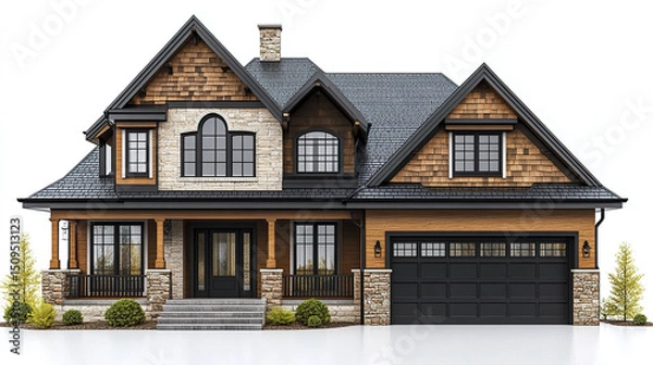 Fototapeta Modern house with stylish design featuring stone and wood elements, surrounded by greenery