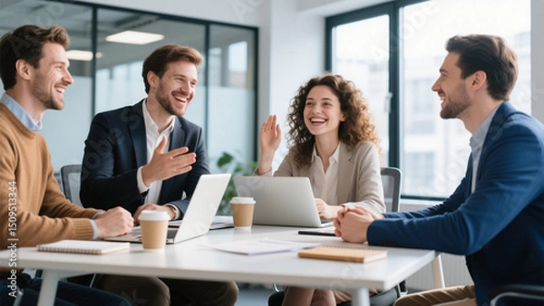 Fototapeta A collaborative and cheerful business meeting in a modern office setting.