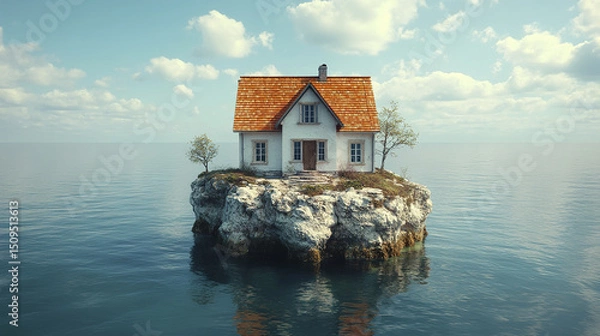 Fototapeta charming house on rocky island surrounded by calm water and fluffy clouds