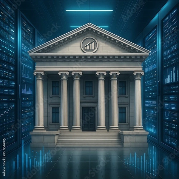 Obraz A traditional bank building stands amid modern digital data servers, symbolizing the fusion of finance and technology.