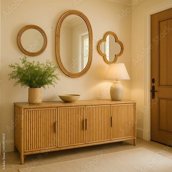 Obraz A stylish entryway features a bamboo console, decorative mirrors, a lamp, and a potted plant, creating a warm, inviting atmosphere.