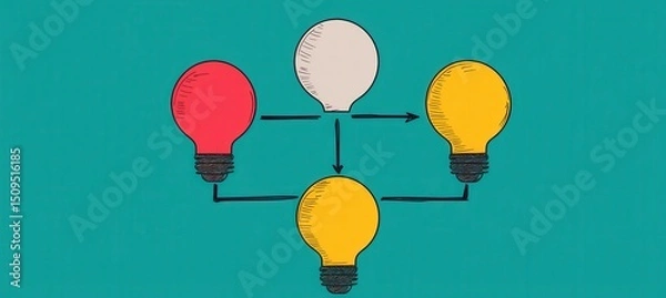 Obraz Illustration of four light bulbs connected by arrows on a teal background, representing idea sharing and creative flow.