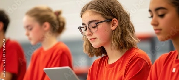 Obraz Teen students in red shirts focus on digital tablets in a classroom setting.
