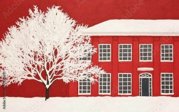 Fototapeta A red building stands beside a snow-covered tree, set against a matching red background in a winter scene.