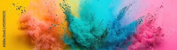 Obraz Vibrant clouds of colored powder explode against a yellow background, creating a dynamic and energetic abstract effect.