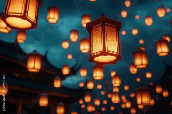 Obraz Glowing lanterns float against a twilight sky, creating a magical, festive ambiance at an outdoor cultural celebration.