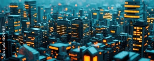 Obraz A futuristic cityscape at night featuring tall buildings illuminated by glowing yellow lights.