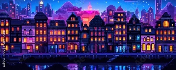 Obraz A vibrant pixel art cityscape at night, with illuminated windows reflecting on the water and a glowing skyline in the background.