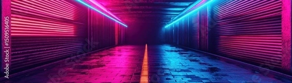 Obraz A futuristic tunnel illuminated by vibrant pink and blue neon lights, reflecting off the wet floor with a central yellow line.