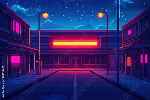 Obraz Neon-lit empty street at night, pixel art style, with glowing signs and starry sky above quiet buildings.