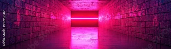 Obraz A neon-lit tunnel with glowing pink and purple walls, creating a futuristic atmosphere and vibrant reflection on the floor.